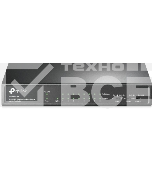 Коммутатор 9-port 10/100Mbps unmanaged switch with 8 PoE+ ports, compliant with 802.3af/at PoE, 65W PoE budget, support 250m Extend Mode, Priority mode and Isolation mode, desktop mount, plug and play.