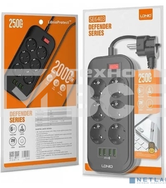 Сетевой фильтр Perfeo LD_B4436 LDNIO SE6403/ Сетевой удлинитель 2м + ЗУ на 4 USB/ 6 розеток (медь) - 2500W/ USB - 17W/ черный/серый