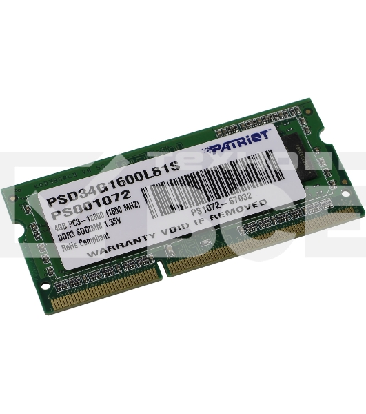 Оперативная память Patriot, DDR3L, 4GB (1x4 GB), 1600 MHz, CL11, SO-DIMM