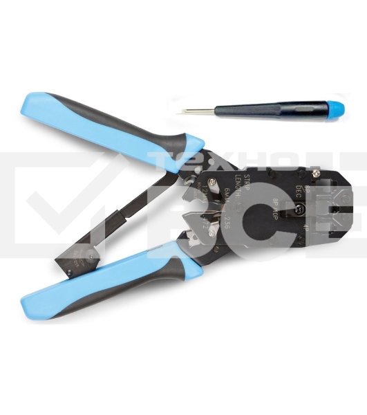 Монтажный инcтрумент Hyperline HT-2008AR Инструмент обжимной для RJ-45, RJ-12, RJ-11 (8P8C, 6P6C, 4P4C), профессиональный, с храповым механизмом 
