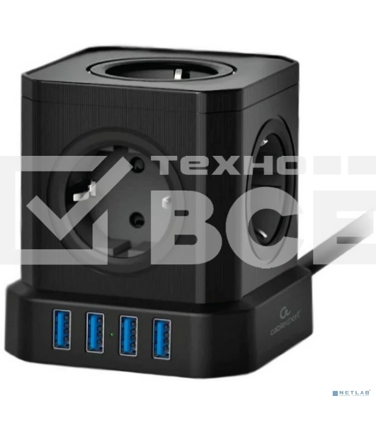 Сетевой фильтр Cablexpert Tower, TWR-5-U4-B-3, 5р, 10А, 4хUSB, 3.1А, 3м, ур.защиты 4+, черный, коробка