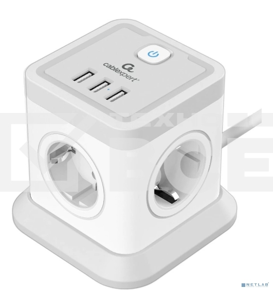 Сетевой фильтр Cablexpert Tower, TWR-4-U3-W-3, 4р, 10А, 3xUSB, 3.1А, 3м, ур.защиты 2+, белый, коробка