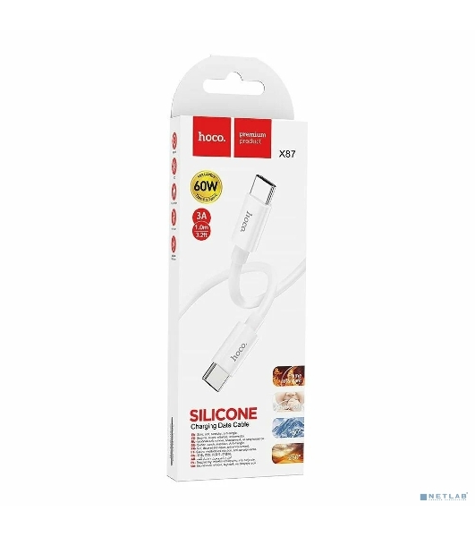 Кабель USB2.0 Hoco Type-C/Type-C, 3А, 60Вт, силиконовая оплетка, X87, 1м, белый, коробка