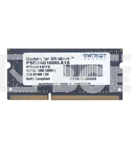 Оперативная память Patriot, DDR3L, 4GB (1x4 GB), 1600 MHz, CL11, SO-DIMM
