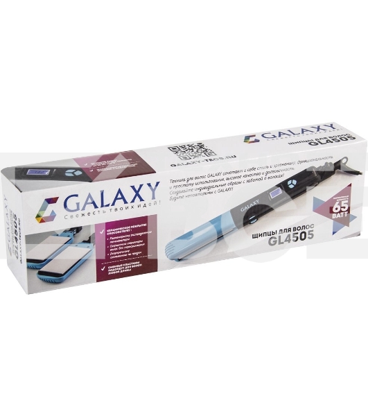 Щипцы для волос Galaxy GL 4505, голубой, 65 Вт, нагревательный элемент с защитой от перегрева, сменные пластины с керамическим покрытием: 89*27,5 мм и 89*57 мм, ЖК-дисплей с индикацией температуры, регулятор температурных режимов, шнур питания, вращающийс