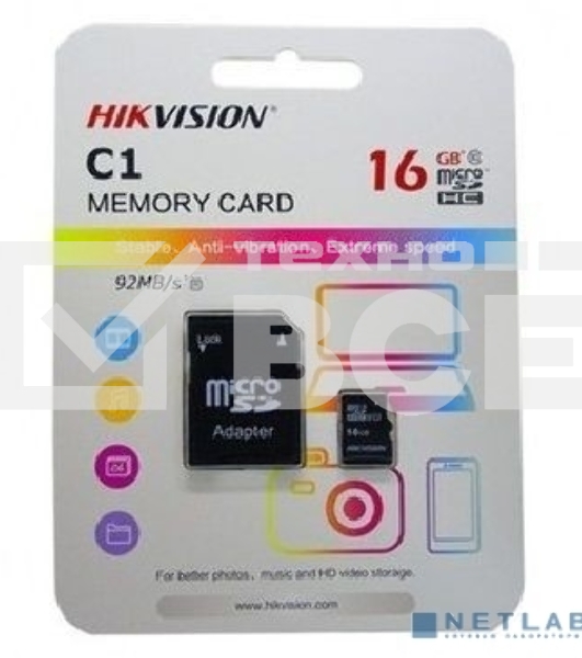 Флеш карта microSDHC 16GB Hikvision HS-TF-C1(STD)/16G/Adapter <HS-TF-C1(STD)/16G/Adapter> (с SD адаптером) R/W Speed 90/12MB/s