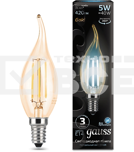 Лампа филам. Gauss Filament 5Вт цок.:E14 свеча 220B св.свеч.бел.нейт. (упак.:10шт) (104801805)