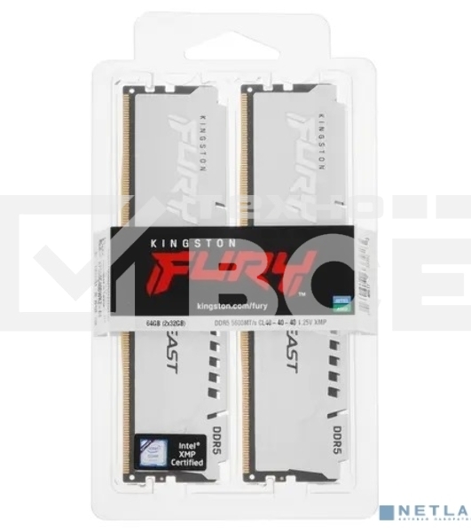 Оперативная память Kingston Fury Beast, DDR5, 64GB (2x32GB), 5600MHz, CL40, DIMM, с радиатором, белый