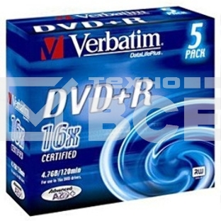 Диск DVD+R Verbatim 4.7Gb 16x Slim case (5шт) Color (43556)