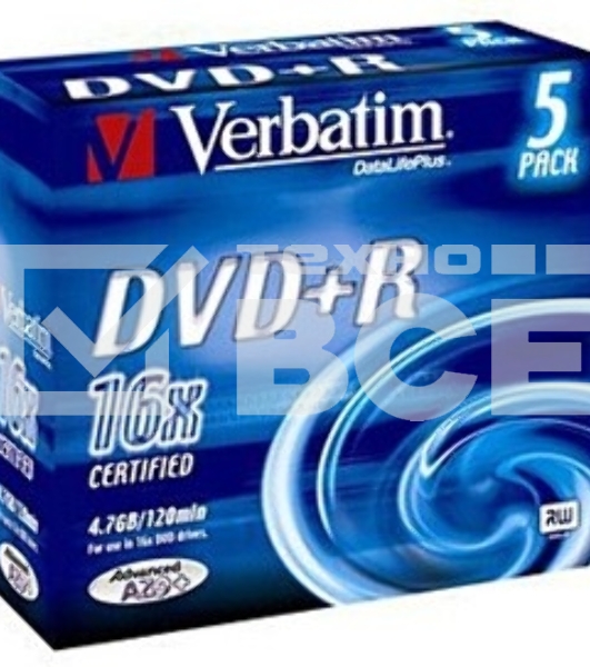 Диск DVD+R Verbatim 4.7Gb 16x Slim case (5шт) Color (43556)