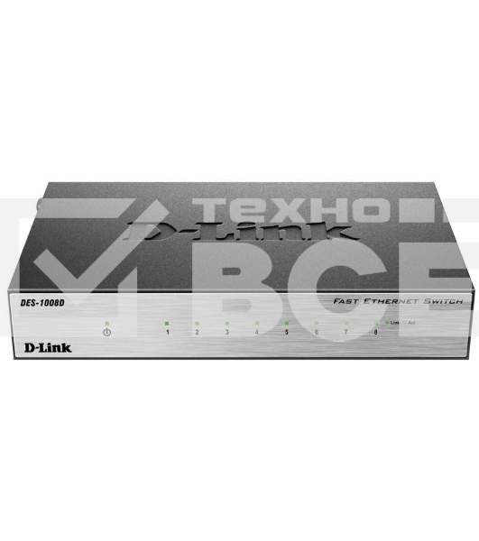 Неуправляемый коммутатор с 8 портами 10/100Base-TX D-Link DES-1008D/(K2A/K3A)RU/J1A/J2A/L2A/L2B
