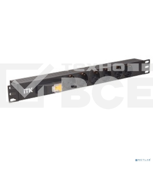 Блок ITK PDU 6 розеток DIN49440 (нем. cтанд.), с автоматом на 10А,1U, без шнура, вх. IEC320 C14, алюминиевый профиль, черный