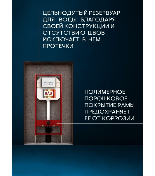 Комплект BAU 6 в 1: рамная инсталляция BAU NEO 45 для подвесного унитаза, унитаз подвесной безободковый вихревой со скрытым сливом Bau Stil Hurricane-5, сиденье дюропласт микролифт, клавиша смыва BAU Pulse, белая/вставка хром