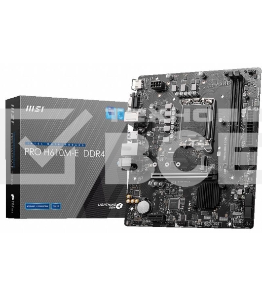 Материнская плата MSI PRO H610M-E DDR4, LGA 1700, Intel H610, 2xDDR4, 4xSATA, 1xM.2, 1xPCIe 4.0 x16, 1xPCIe 4.0 x1, 1xHDMI, 1xVGA, 1xRJ45 1Gb, 2xUSB-A 3.2 Gen 1, 4xUSB-A 2.0, 3x3.5мм, 7.1, mATX