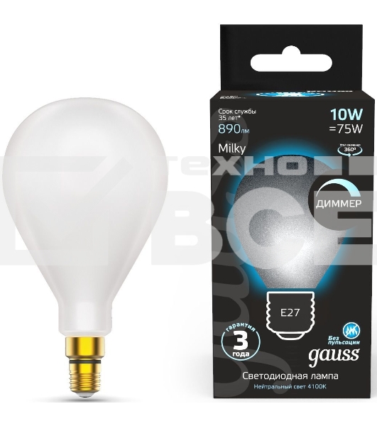 Лампа cветодиодная Gauss Filament А160 10W 890lm 4100К Е27 milky диммируемая LED