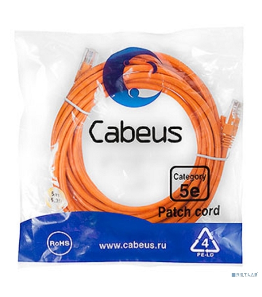Патч-корд Cabeus, кат. 5е, неэкр., U/UTP, RJ45/RJ45, LSZH, AWG24 5м, оранжевый