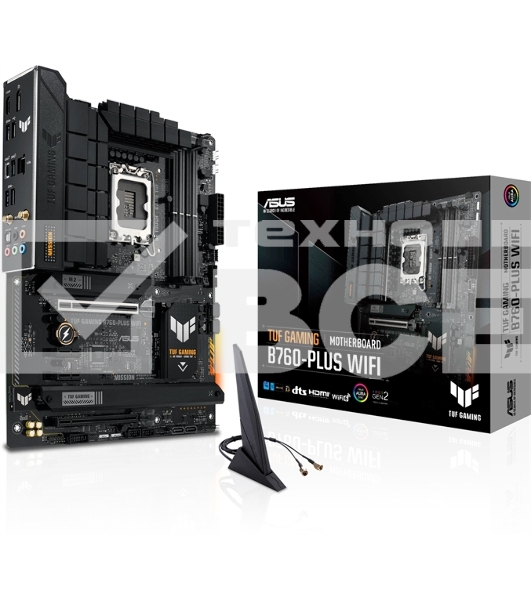 Материнская плата ASUS TUF GAMING B760-PLUS WIFI, LGA 1700, Intel B760, 4xDDR5, 4xSATA, 3xM.2, 1xPCI-E 5.0 x16, 1xPCI-E 3.0 x4, 1xUSB-A 3.2 Gen 2, 3xUSB-A 3.2 Gen 1, 1xUSB-C 3.2 Gen 2x2, 1x2.5Gb LAN, 5x3.5 мм, 7.1, Wi-Fi 6, Bluetooth 5.2, Standard-ATX