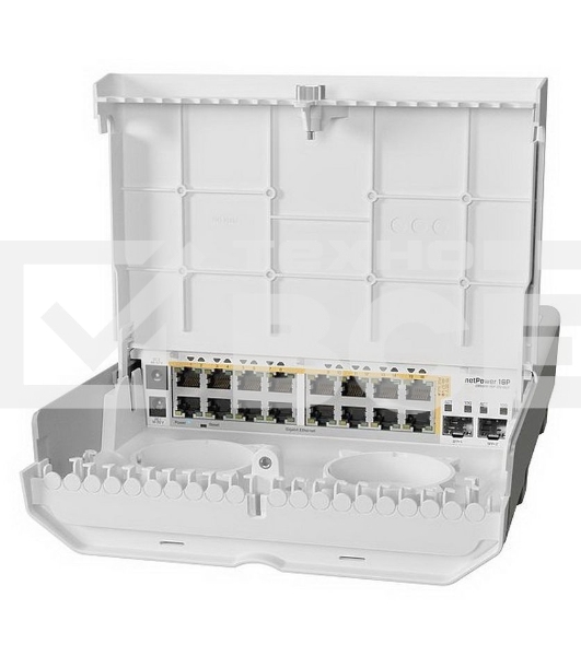 Коммутатор MikroTik Cloud Router Switch 318-16P-2S+OUT with 800MHz CPU, 256MB RAM, 16x Gigabit LAN with PoE-out, 2xSFP+ cages, RouterOS L5 or SwitchOS (dual boot), outdoor enclosure, mounting kit (power supply N