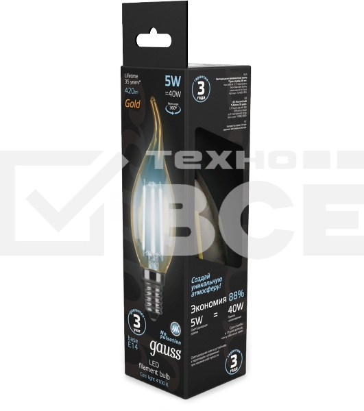 Лампа филам. Gauss Filament 5Вт цок.:E14 свеча 220B св.свеч.бел.нейт. (упак.:10шт) (104801805)