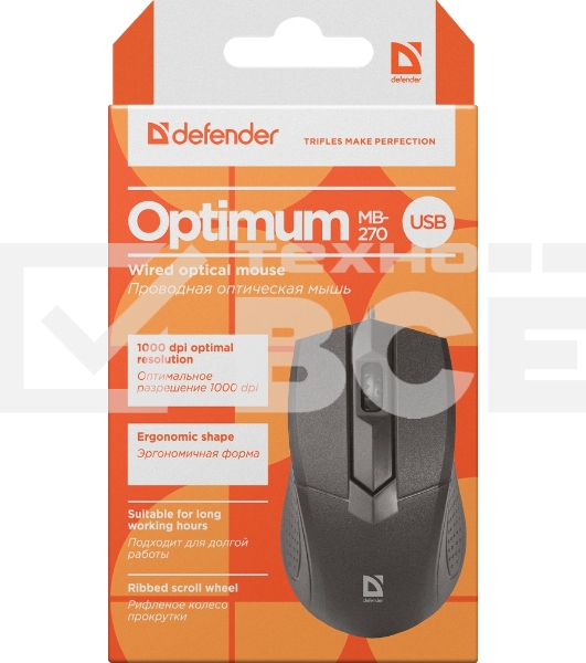 Мышь проводная Defender Optimum MB-270 черный, 1000 dpi, USB, кнопки - 3