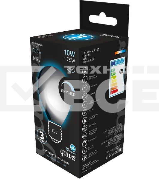 Лампа cветодиодная Gauss Filament А160 10W 890lm 4100К Е27 milky диммируемая LED