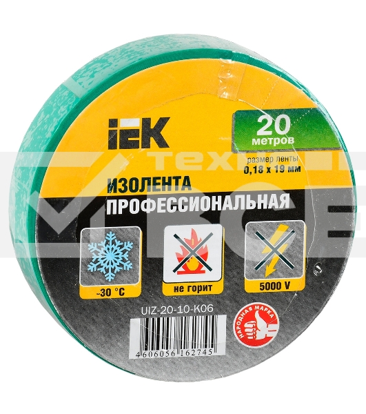 Изолента Iek UIZ-20-10-K06 0,18х19 мм зеленая 20 метров ИЭК