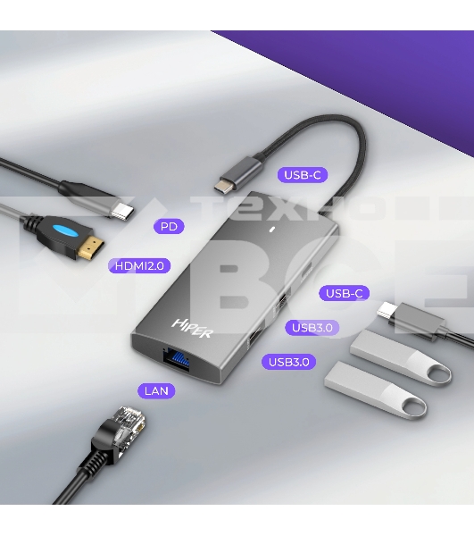 Док-станция HIPER Docking station USB-C HUB 6in1 (1*USB-C 100W PD, 1*HDMI 4K@60Hz, 2*USB-A 3.0 (5Gbps data), 1*USB-C 3.0 (5Gbps data), 1*RJ45 Gb)