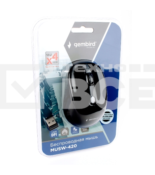 Мышь беспроводная Gembird MUSW-420 черный, 1600 dpi, радиоканал, USB, кнопки - 4