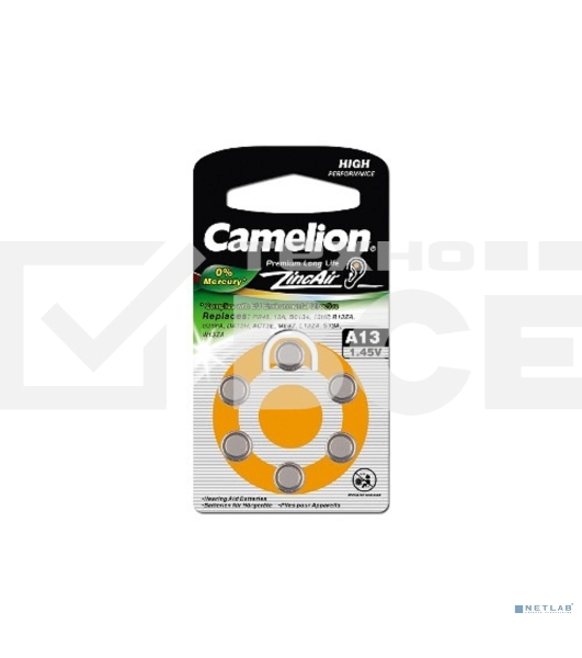 Батарейка для слуховых аппаратов Camelion ZA13 BL-6 Mercury Free (0%Hg), 1.4 V,280mAh)