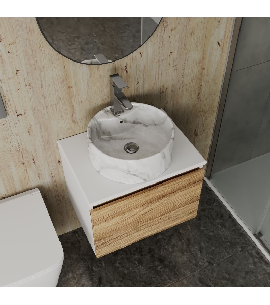 Комплект: тумба Bau Dream Blackwood 60, 1 ящик, Раковина круглая накладная BAU Element D41, мрамор, смеситель Hotel Stil, нерж сталь, выпуск клик клак хром