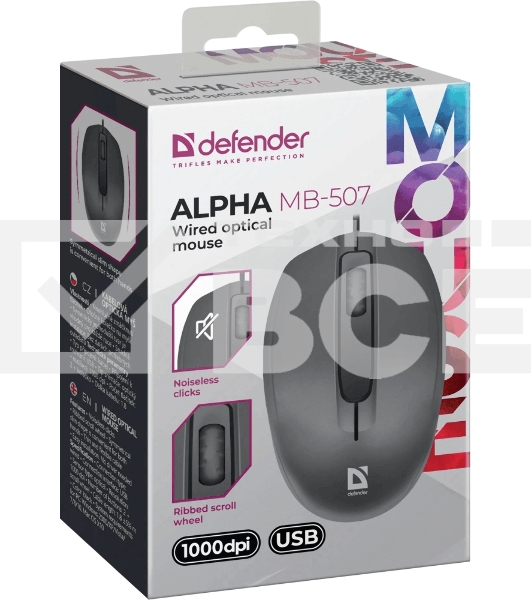 Мышь проводная Defender Alpha MB-507 черный, 1000 dpi, USB, кнопки - 3
