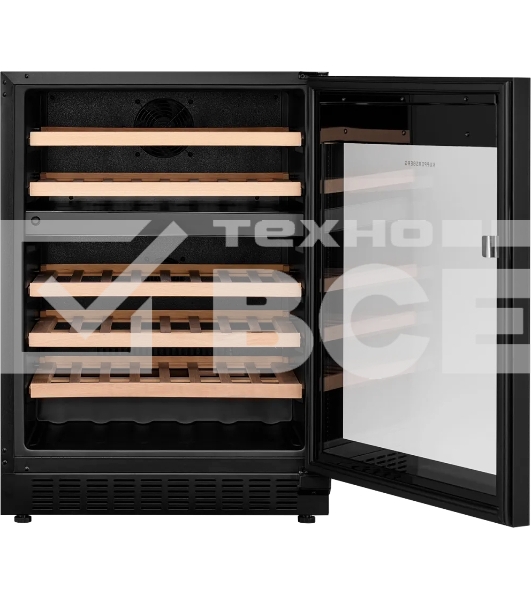 Винный шкаф Kuppersberg RBW 86, встраиваемый, High-Tech, объем 129 л, вместимость 46 бутылок, диапазон температуры 5-22 градусов, сенсорное открытие двери, 4 полки из бука, LCD дисплей, уровень шума 40 дБ, черный