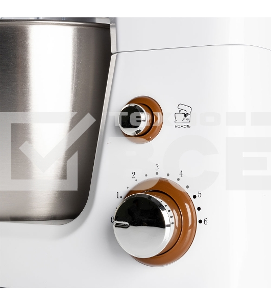 Миксер стационарный Endever Sigma-26, 1000 Вт., планетарный, многофункциональный, стальная чаша 3,5 л., регулировка скорости, белый/коричневый