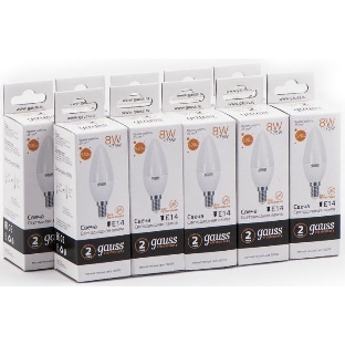 Светодиодная лампа Gauss Elementary 8Вт цок.: E14 свеча 220B 3000K св. свеч. белый. теп. С37 (упак.: 10 шт)