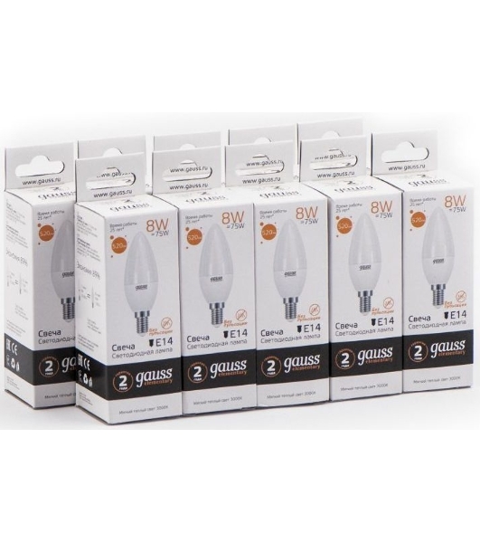Светодиодная лампа Gauss Elementary 8Вт цок.: E14 свеча 220B 3000K св. свеч. белый. теп. С37 (упак.: 10 шт)