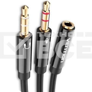 Переходник-разветвитель Vention гибкий Jack 3.5 mm F 4 pin/Jack 3.5 mm M x 2 (OMTP-CTIA) - 0.3м