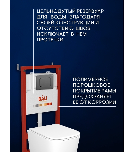 Инсталляция с унитазом комплект BAU PRO 6 в 1: унитаз подвесной безободковый торнадо Bau Dream 51х35, быстросъемное сиденье микролифт, кнопка смыва BAU Stil Gun Grey,темно-серый металлик