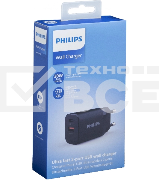 Сетевое зарядное устройство Philips DLP5331 30W 1.5A (PD) USB/USB Type-C универсальное черный