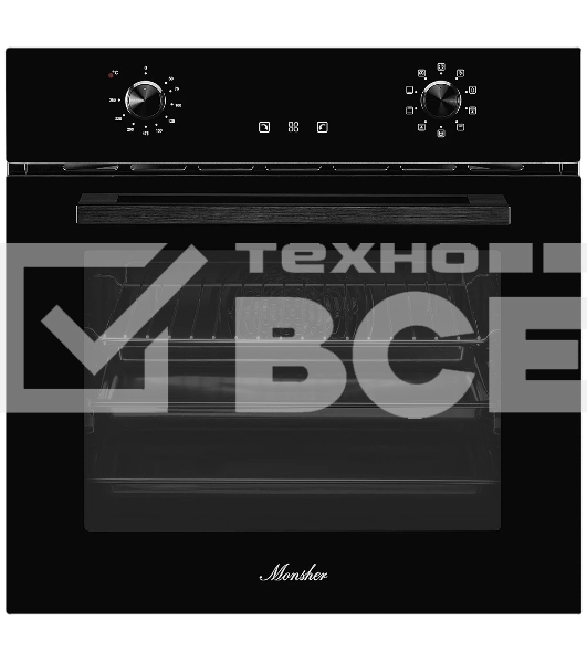 Встраиваемый электрический духовой шкаф MONSHER MOE 6092 Noir, 9 режимов: Традиционный нагрев, Макси-Гриль, Макси-Гриль с конвекцией, Нижний нагрев, Разморозка, Традиционный нагрев с конвекцией, Режим подсветка, Конвекция, Режим пицца, утапливаемые поворо