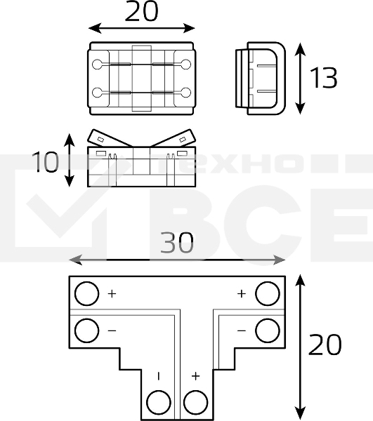 Набор коннекторов Basic: Т-образный коннектор, 3 клипсы, 8-10 мм, IP20