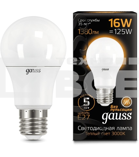 Лампа светодиодная Gauss LED A60 16W E27 1380lm 3000K 1/10/50 102502116