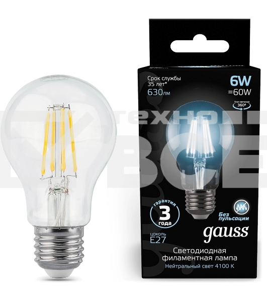 Лампа светодиодная Gauss 102802206LED Filament А60 Е27 6Вт 4100к 1/10/40