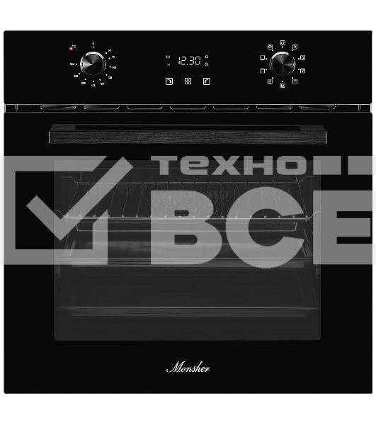 Встраиваемый электрический духовой шкаф MONSHER MOE 6092 Noir, 9 режимов: Традиционный нагрев, Макси-Гриль, Макси-Гриль с конвекцией, Нижний нагрев, Разморозка, Традиционный нагрев с конвекцией, Режим подсветка, Конвекция, Режим пицца, утапливаемые поворо