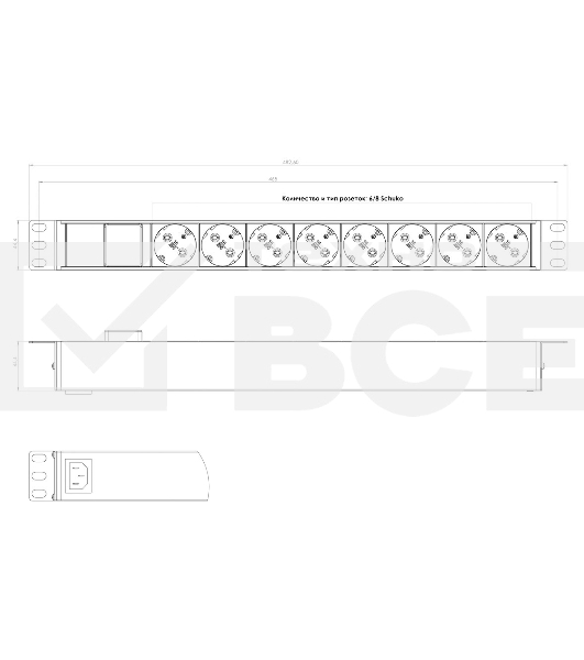 Монтажное оборудование Hyperline SHE19-8SH-S-IEC Блок розеток 19
