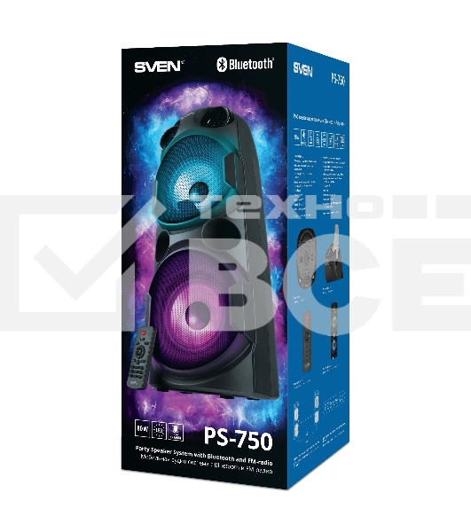 Колонка АС Sven PS-750, черный (80 Вт, TWS, Bluetooth, FM, USB, microSD, LED-дисплей, 2х4400мА*ч)