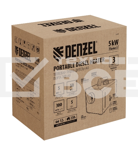 Дизельная тепловая портативная пушка Denzel Flame-5, 5кВт, 300м3/ч, непр.наг., циф. терм.