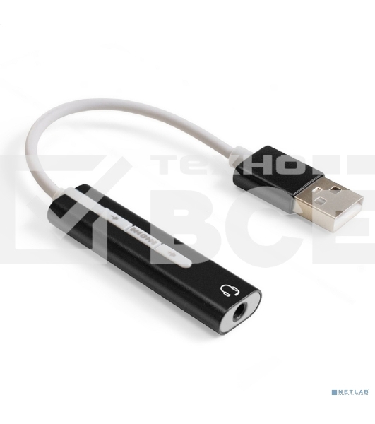 Кабель-адаптер для подключения телефонной гарнитуры к порту USB ExeGate <EX-AU-04B> (внешняя звуковая карта USB, 1x Jack3.5 F (4-контакта), кнопки: volume +, volume -, play/pause/next/previous,  Windows/Linux/MAC OS)