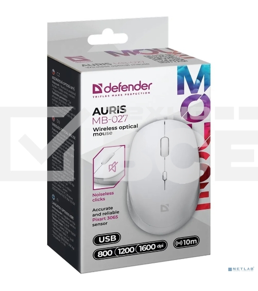 Мышь беспроводная Defender Auris MB-027 белый, 1600 dpi, радиоканал, USB, кнопки - 4