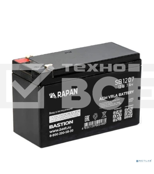 Аккумуляторная батарея Бастион RAPAN SB 1207 АКБ свинцово-кислотная тип AGM 12V 7А·ч I зар.2,1А, ножевые клеммы (9163)
