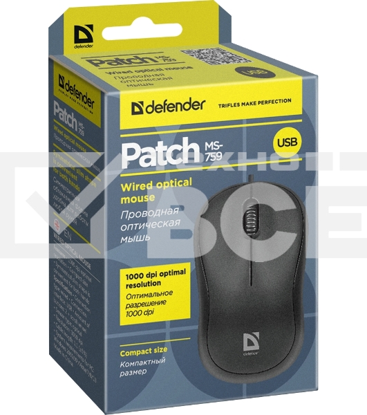 Мышь проводная Defender Patch MS-759 черный, 1000 dpi, USB, кнопки - 3